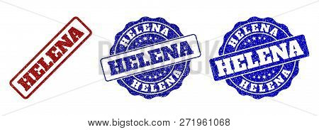 Helena Scratched Stamp Seals In Red And Blue Colors. Vector Helena Labels With Draft Style. Graphic 