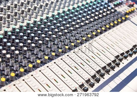 Audio Sound Mixer Console With Buttons And Sliders. Selective Focus
