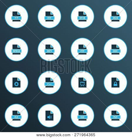 File Icons Colored Set With File Rtf, File Mp3, File Exe And Other Music Elements. Isolated  Illustr
