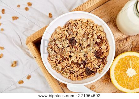 Good Morning. Breakfast On White Bed Sheets.