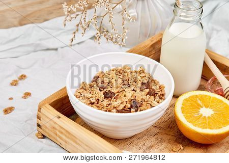 Good Morning. Breakfast On White Bed Sheets.