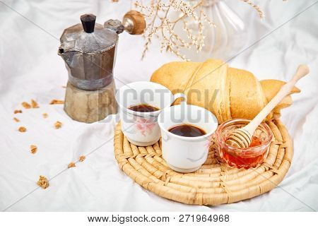 Good Morning. Two Cup Of Coffee With Croissant And Jam.
