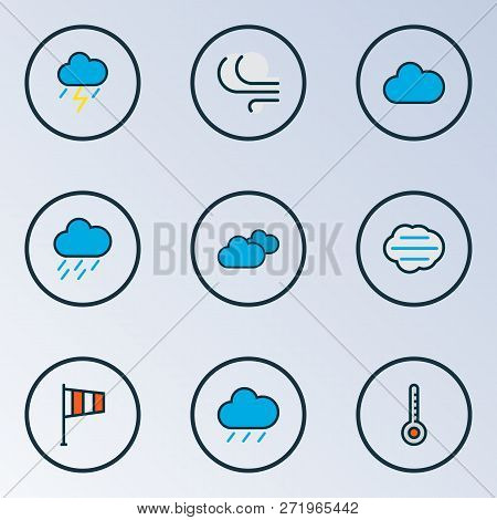 Weather Icons Colored Line Set With Cloudy Day, Cloudburst, Clouded And Other Tempest Elements. Isol