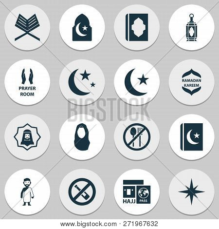 Holiday Icons Set With Isha, Moon, Headscarf And Other Holy Book Elements. Isolated  Illustration Ho