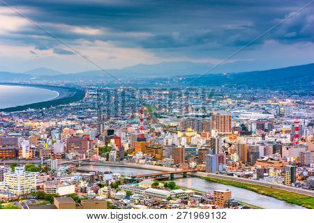 Numazu City, Japan Skyline at twilight.