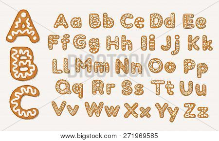 Christmas Or New Year Gingerbread Cookies Alphabet, Capital Letters And Lower Case Alphabet. Set Of 
