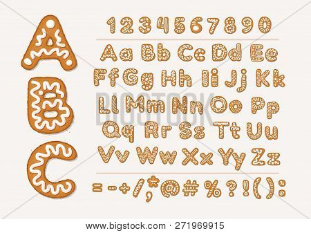 Christmas Or New Year Gingerbread Cookies Alphabet With Arabic Numbers And Signs. Set Of Isolated Al