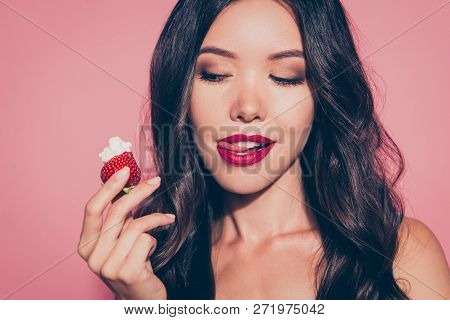 Close-up Portrait Of Nice Cute Luxury Lovely Sweet Attractive Adorable Wavy-haired Lady Licking Red 