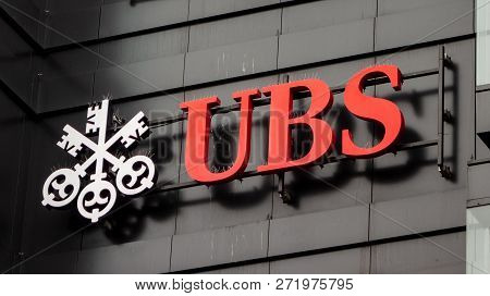 Wroclaw, Poland - August 8, 2018: The Logo Of A Swiss Bank Ubs On A Black Wall Of Building In Wrocla