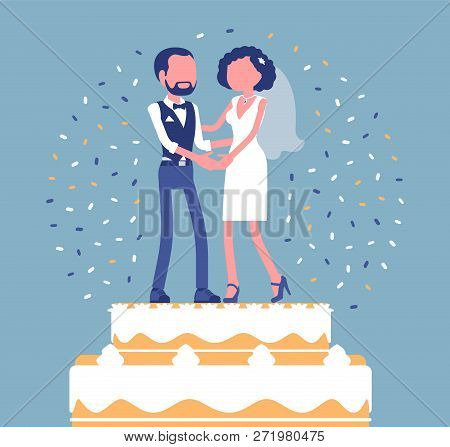 Wedding Rich Iced Cake With Bride And Groom On Top. Beautiful Sweet Black Couple Topper Figurine Or 
