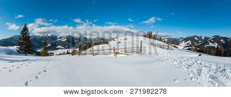 Winter  Morning Scenery Picturesque Mountain Rural Snow Covered Path And Footprint On Hill Top (ukra