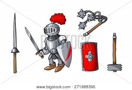 Hand Drawn Sticker Knights Colored Doodle Weapons Set Isolated On White