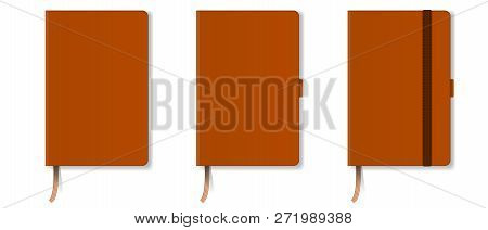 Orange Realistic Hard Cover Notebook With Red Bookmark And Ribbon. Vector Illustration.