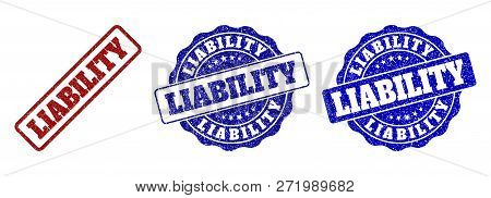 Liability Scratched Stamp Seals In Red And Blue Colors. Vector Liability Labels With Scratced Style.