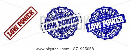 Low Power Grunge Stamp Seals In Red And Blue Colors. Vector Low Power Labels With Dirty Texture. Gra