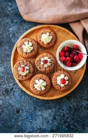 Brownie Mins Pies In A Plate On A Blue Background. Festive Desse