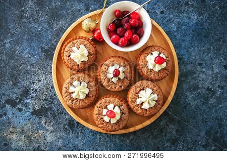 Brownie Mins Pies In A Plate On A Blue Background. Festive Desse