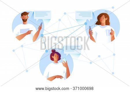 Young Female And Male Characters Communicating Online Via Smartphones. Group Chat And Teamwork Conce