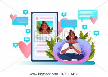 Blogging Concept With Cute Female Influencer Using Smartphone. Vector Illustration With Young Blogge