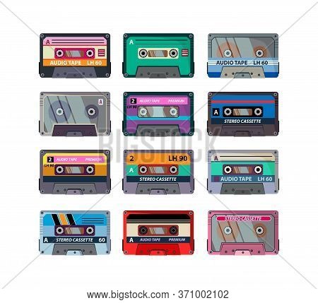 Different Stereo Cassettes Flat Icon Set. Vintage Retro Audio Tapes, Old School Record Technology Is