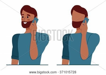 Swarthy Man Talking On Mobile Phone. Male Avatar With Smartphone In Two Versions. Vector Flat Design
