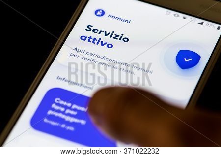 Vilnius, Lithuania - June 12 2020: Stop Covid, Immuni App, Official Covid-19 Or Coronavirus Contact 