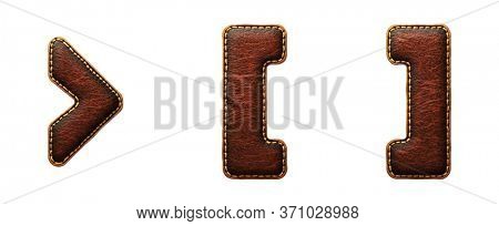 Set of symbols right angle bracket, left and right bracket made of leather. 3D render font with skin texture isolated on white background. 3d rendering