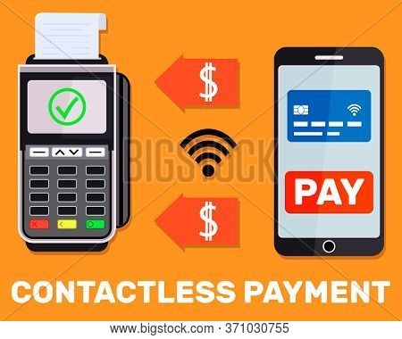 Pos Terminal Confirms The Payment By Smartphone. Vector Illustration In Flat Design On Orange Backgr