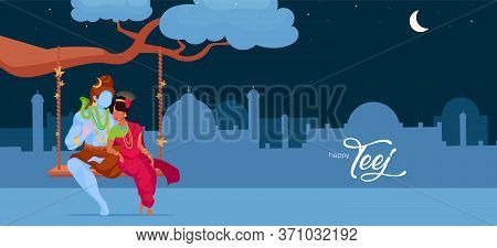 Hindu Deity In Love Flat Color Vector Illustration. Shiva And Parvati Sit On Traditional Swing Durin