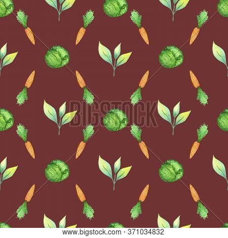 Vegetable Pattern On A Brown Background. Watercolor Illustration Of Fresh Vegetables. Natural Food, 