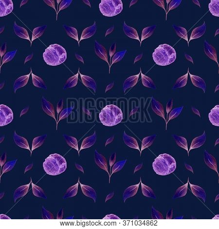 Seamless Vegetable Pattern On A Purple Background With Neon Elements. Watercolor Hand Drawn Illustra