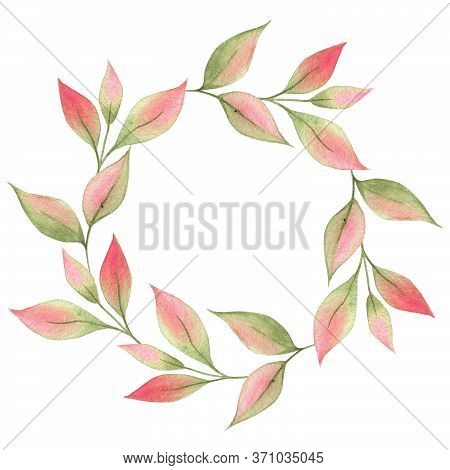 Botanical Wreath. Composition Of Watercolor Leaves. Watercolor Wreath Of Leaves. Round Frame Of Leav