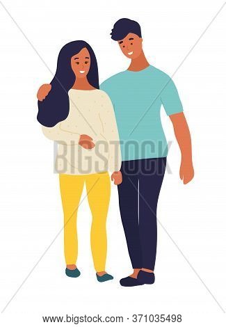 Hand Drawn Flat Style Vector Illustration. Pregnant Woman Is Walking With Her Husband, Friend, Broth