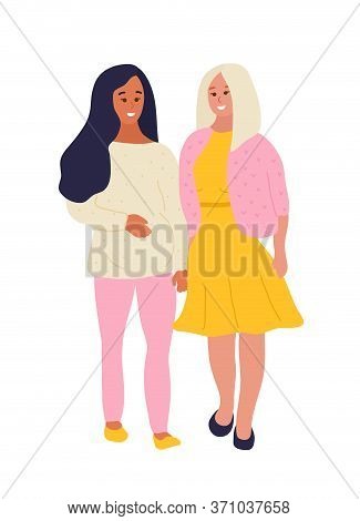 Hand Drawn Flat Style Vector Illustration. Pregnant Woman Is Walking With Her Wife, Girlfriend, Sist