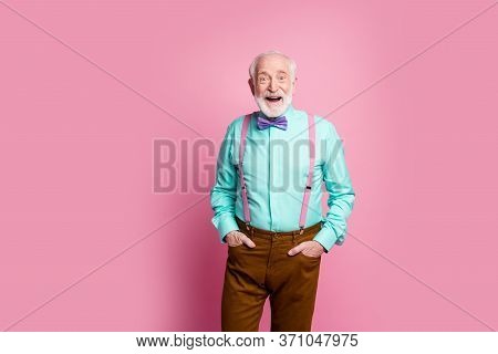 Photo Of Funny Aged Grandpa Good Mood Standing Self-confident Hands Pockets Open Mouth Wear Mint Shi