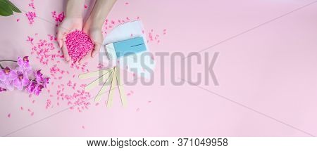 Set Of Depilation And Beauty On Pink Background Concept - Sugar Paste Or Hair Removal Waxing Melted 