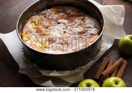 Homemade Apple Pie In Baking Form On The Kitchen