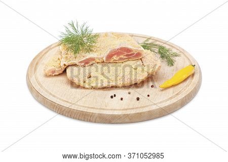 Raw Crispy Chicken Boneless Drumstick Breaded In Bread Crumbs On A Wooden Board With Chili, Pepper A