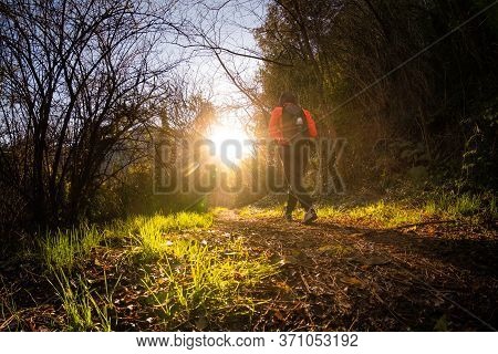 Ripafratta, Italy - January 06, 2020:  Unknown People During Trekking In The Medieval Village Of Rip