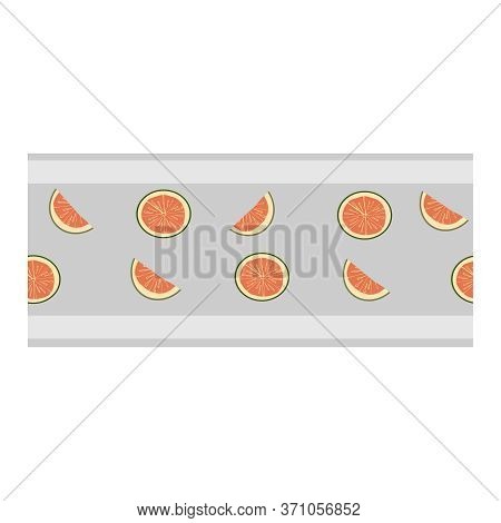 Seamless Border, Ornament With Pink Grapefruit Slices, Broomstick On A Blue Background.