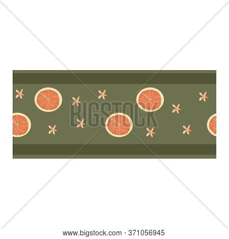 Seamless Border, Ornament With Pink Grapefruit Slices, Pomelo On A Gray-green Background And Pink Fl