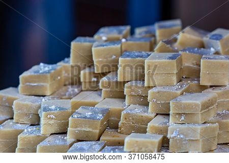 Fresh Indian Sweets Mithai From India Prepared With Milk,sugar And Other Ingredents. Burfi Sweet Dis