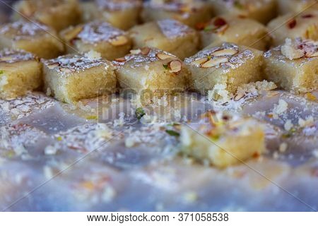 Fresh Indian Sweets Mithai From India Prepared With Milk,sugar And Other Ingredents. Burfi Sweet Dis