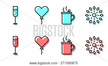 Set Line Mulled Wine, Glass Of Champagne, Balloon In Form Of Heart And Firework Icon. Vector