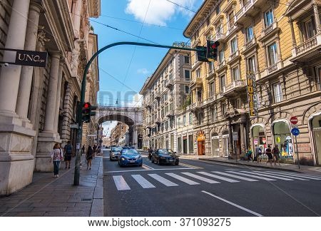Genoa, Italy - August 18, 2019: Via Xx Setembre, The Main Boulevard In Genoa With Its Arcades, Beaut