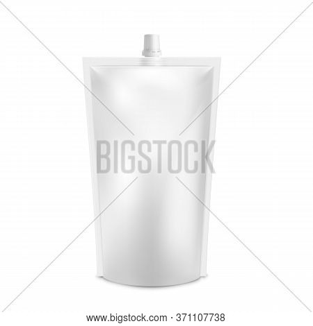 Realistic White Blank Doy Pack Mock Up. Vector Doypack Template Packing With Screw Cap. Food Or Drin