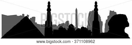 Egypt, Silhouette Of Landmarks (mosque, Sphinx, Pyramis, Ruins And Etc). Vector Illustration.