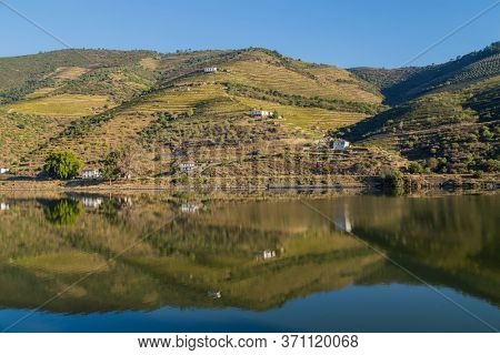 Scenic aerial view of the Douro Valley and river with terraced vineyards near the village of Tua, Portugal