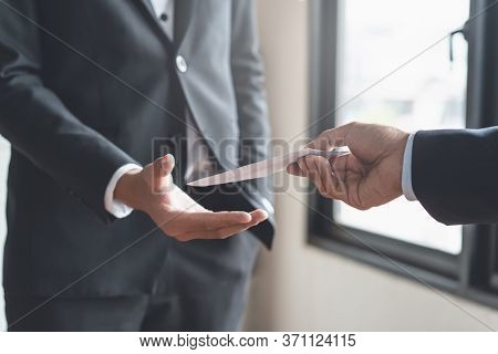Close Up View Of  Office Worker Receiving Salary From Boss.