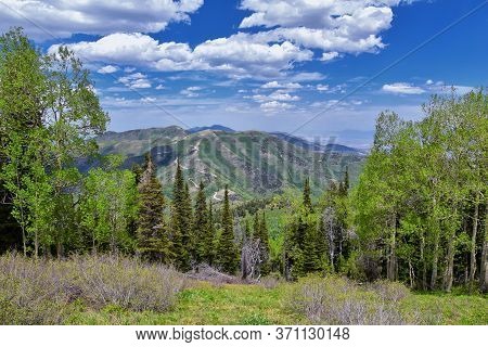 Rocky Mountain Wasatch Front Peaks, Panorama Landscape View From Butterfield Canyon Oquirrh Range To